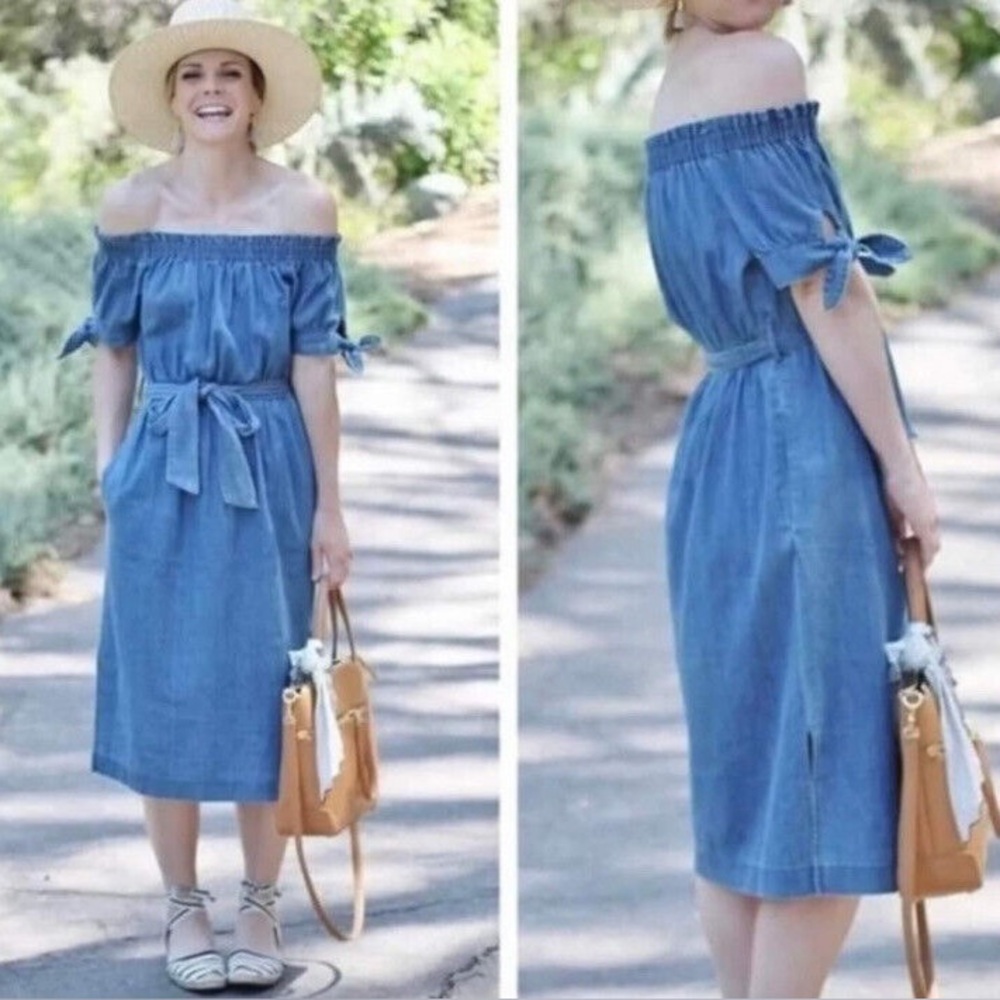 J. Crew Off the Shoulder Chambray Denim Dress Tie Waist Women's Size 12